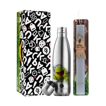 Kermit the frog, Easter Set, metallic stainless thermos flask (500ml) & scented flat Easter candle (30cm) (GRAY)