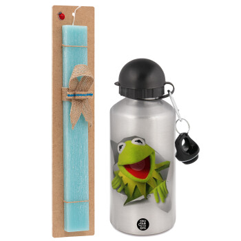 Kermit the frog, Πασχαλινό Σετ, παγούρι μεταλλικό Ασημένιο αλουμινίου (500ml) & πασχαλινή λαμπάδα αρωματική πλακέ (30cm) (ΤΙΡΚΟΥΑΖ)