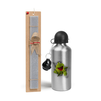 Kermit the frog, Πασχαλινό Σετ, παγούρι μεταλλικό Ασημένιο αλουμινίου (500ml) & πασχαλινή λαμπάδα αρωματική πλακέ (30cm) (ΓΚΡΙ)