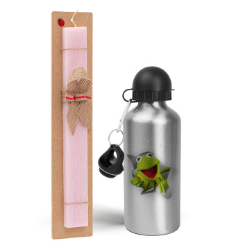Kermit the frog, Πασχαλινό Σετ, παγούρι μεταλλικό Ασημένιο αλουμινίου (500ml) & πασχαλινή λαμπάδα αρωματική πλακέ (30cm) (ΡΟΖ)
