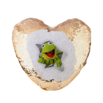 Kermit the frog, Μαξιλάρι καναπέ καρδιά Μαγικό Χρυσό με πούλιες 40x40cm περιέχεται το  γέμισμα