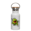 Metallic thermos (Stainless steel) White with wooden lid (bamboo), double-walled, 350ml