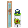 Easter Set, Children's thermal stainless steel bottle with safety straw, green/blue (350ml) & aromatic flat Easter candle (30cm) (TURQUOISE)