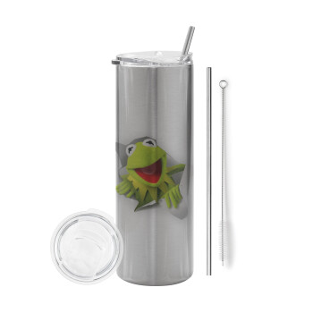 Kermit the frog, Eco friendly ποτήρι θερμό Ασημένιο (tumbler) από ανοξείδωτο ατσάλι 600ml, με μεταλλικό καλαμάκι & βούρτσα καθαρισμού