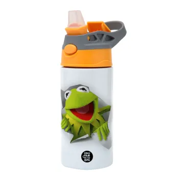 Kermit the frog, Children's hot water bottle, stainless steel, with safety straw, Orange/Grey (360ml) BPA-FREE