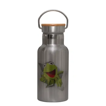 Kermit the frog, Μεταλλικό παγούρι θερμός (Stainless steel) Ασημένιο με ξύλινο καπακι (bamboo), διπλού τοιχώματος, 350ml