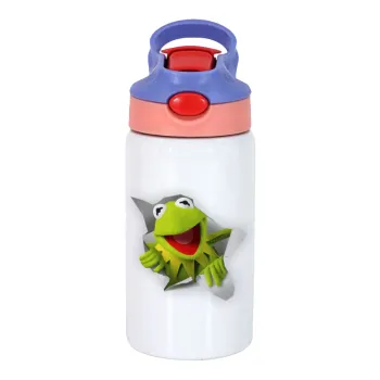 Kermit the frog, Children's hot water bottle, stainless steel, with safety straw, pink/purple (350ml)