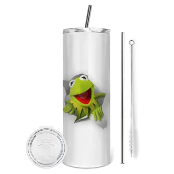 Kermit the frog, Tumbler ποτήρι θερμό από ανοξείδωτο ατσάλι 600ml, με μεταλλικό καλαμάκι & βούρτσα καθαρισμού