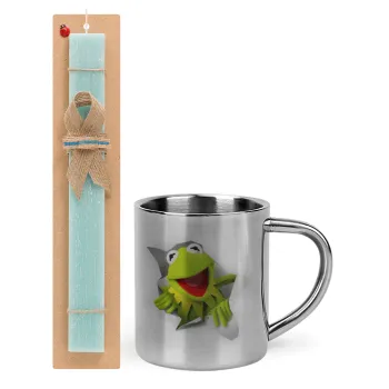 Kermit the frog, Easter Set, metallic thermal cup (300ml) & aromatic flat Easter candle (30cm) (TURQUOISE)