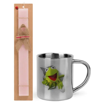 Kermit the frog, Easter Set, metallic thermal cup (300ml) & aromatic flat Easter candle (30cm) (PINK)