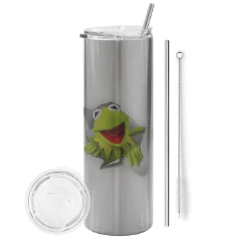 Kermit the frog, Tumbler ποτήρι θερμό Ασημένιο από ανοξείδωτο ατσάλι 600ml, με μεταλλικό καλαμάκι & βούρτσα καθαρισμού