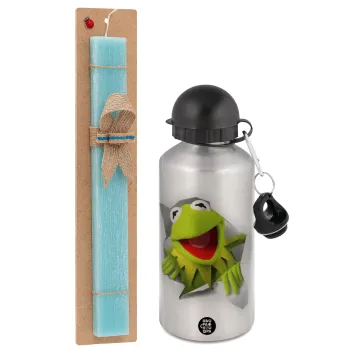 Kermit the frog, Πασχαλινή Λαμπάδα με παγούρι μεταλλικό Ασημένιο αλουμινίου (500ml) & κερί αρωματικό πλακέ (30cm) (ΤΙΡΚΟΥΑΖ)