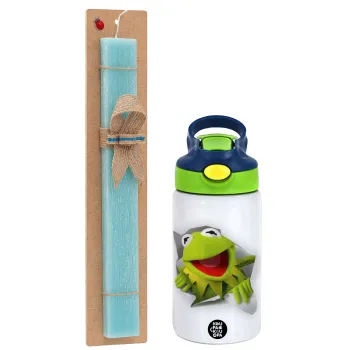 Kermit the frog, Πασχαλινή Λαμπάδα με Παιδικό παγούρι θερμό, ανοξείδωτο, με καλαμάκι ασφαλείας, πράσινο/μπλε (350ml) & κερί αρωματικό πλακέ (30cm) (ΤΙΡΚΟΥΑΖ)