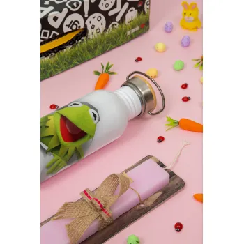Kermit the frog, Πασχαλινή Λαμπάδα με παγούρι μεταλλικό (620ml, stainless steel) & κερί αρωματικό πλακέ (30cm) (ΡΟΖ)