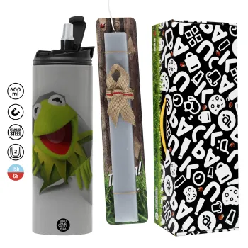 Kermit the frog, Πασχαλινή Λαμπάδα με Travel Tumbler θερμό (600ml, BPA free) & κερί αρωματικό πλακέ (30cm) (ΓΚΡΙ)