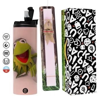 Kermit the frog, Πασχαλινή Λαμπάδα με  ΡΟΖ Travel Tumbler θερμό (600ml, BPA free) & κερί αρωματικό πλακέ (30cm) (ΡΟΖ)