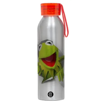 Kermit the frog, Αλουμινένιο Αθλητικό Μπουκάλι 650ml – Ασημί με Κόκκινο Καπάκι και Λουράκι Σιλικόνης