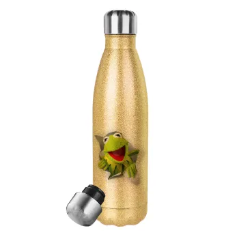 Kermit the frog, Glitter gold stainless steel thermos bottle, double-walled, 500ml
