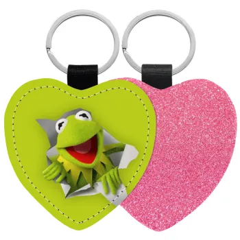 Kermit the frog, Μπρελόκ PU δερμάτινο glitter καρδιά ΡΟΖ