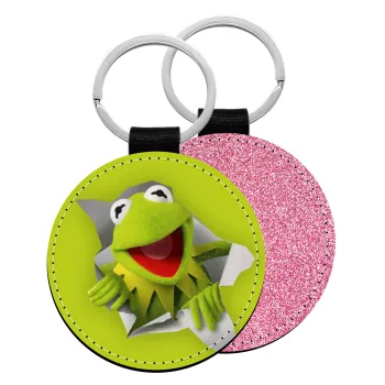 Kermit the frog, Μπρελόκ Δερματίνη, στρογγυλό ΡΟΖ (5cm)