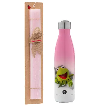 Kermit the frog, Easter Set, Metallic pink/white (Stainless steel) thermos, double-walled, 500ml & aromatic flat Easter candle (30cm) (PINK)