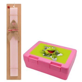 Kermit the frog, Easter Set, children's snack container PINK & scented flat Easter candle (30cm) (PINK)