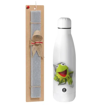 Kermit the frog, Easter Set, metallic stainless thermos bottle (500ml) & scented flat Easter candle (30cm) (GRAY)