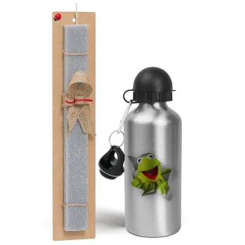 Kermit the frog, Easter Set, metallic silver aluminum water bottle (500ml) & aromatic flat Easter candle (30cm) (GRAY)