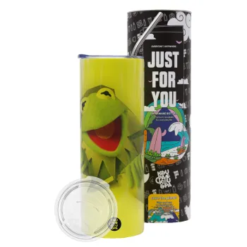 Kermit the frog, Neon Yellow Travel Tumbler θερμό, μεταλλικό καλαμάκι(Ανωξείδωτο 304 Food grade, BPA free, 600ml)
