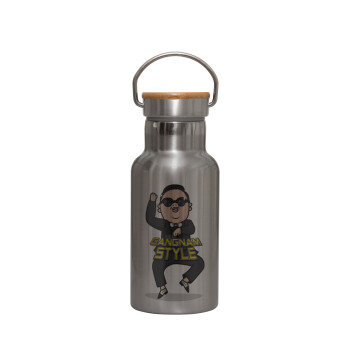 PSY - GANGNAM STYLE, Stainless steel metallic thermos flask, silver with a bamboo lid, double-walled, 350ml.