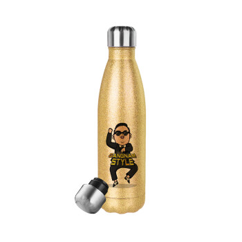 PSY - GANGNAM STYLE, Μεταλλικό παγούρι θερμός Glitter χρυσό (Stainless steel), διπλού τοιχώματος, 500ml