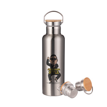 PSY - GANGNAM STYLE, Stainless steel Silver with wooden lid (bamboo), double wall, 750ml