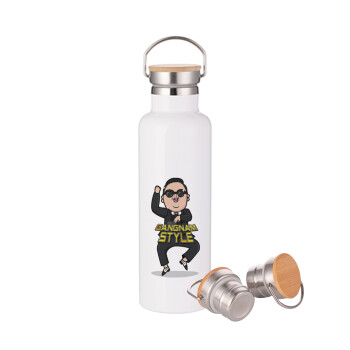 PSY - GANGNAM STYLE, Μεταλλικό παγούρι θερμός (Stainless steel) Λευκό με ξύλινο καπάκι (bamboo), διπλού τοιχώματος, 750ml