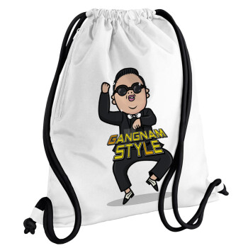 PSY - GANGNAM STYLE, Τσάντα πλάτης πουγκί GYMBAG λευκή, με τσέπη (40x48cm) & χονδρά κορδόνια