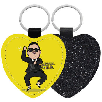 PSY - GANGNAM STYLE, Μπρελόκ PU δερμάτινο glitter καρδιά ΜΑΥΡΟ