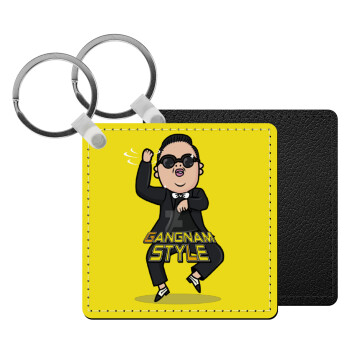 PSY - GANGNAM STYLE, Μπρελόκ Δερματίνη, τετράγωνο ΜΑΥΡΟ (5x5cm)