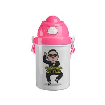 PSY - GANGNAM STYLE, Ροζ παιδικό παγούρι πλαστικό (BPA-FREE) με καπάκι ασφαλείας, κορδόνι και καλαμάκι, 400ml