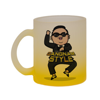 PSY - GANGNAM STYLE, Κούπα γυάλινη δίχρωμη με βάση το κίτρινο ματ, 330ml