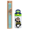 Easter Set, Children's thermal stainless steel bottle with safety straw, green/blue (350ml) & aromatic flat Easter candle (30cm) (TURQUOISE)