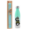 Easter Set, Metallic green/white thermos (Stainless steel), double-walled, 500ml & scented flat Easter candle (30cm) (TURQUOISE)