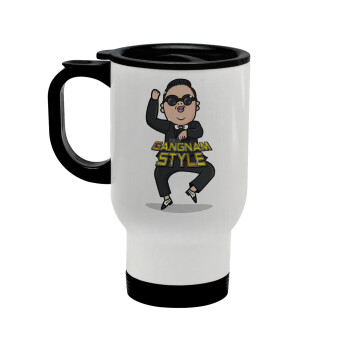PSY - GANGNAM STYLE, Stainless steel travel mug with lid, double wall white 450ml