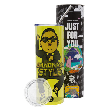 PSY - GANGNAM STYLE, Neon Yellow Travel Tumbler, with metal straw (Stainless steel 304 Food grade, BPA free, 600ml)