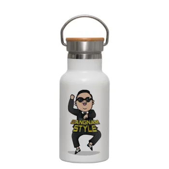 PSY - GANGNAM STYLE, Metallic thermos (Stainless steel) White with wooden lid (bamboo), double-walled, 350ml