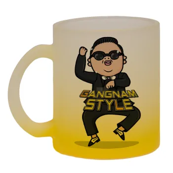 PSY - GANGNAM STYLE, Κούπα γυάλινη δίχρωμη με βάση το κίτρινο ματ, 330ml