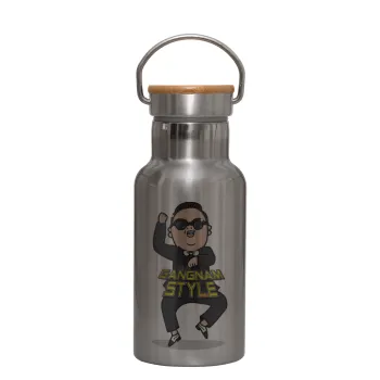 PSY - GANGNAM STYLE, Μεταλλικό παγούρι θερμός (Stainless steel) Ασημένιο με ξύλινο καπακι (bamboo), διπλού τοιχώματος, 350ml