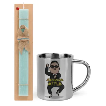 PSY - GANGNAM STYLE, Easter Set, metallic thermal cup (300ml) & aromatic flat Easter candle (30cm) (TURQUOISE)