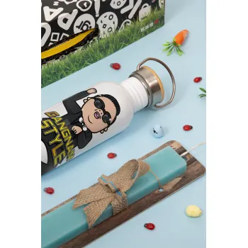 PSY - GANGNAM STYLE, Πασχαλινή Λαμπάδα με παγούρι μεταλλικό (620ml, stainless steel) & κερί αρωματικό πλακέ (30cm) (ΤΙΡΚΟΥΑΖ)