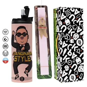 PSY - GANGNAM STYLE, Easter candle,Travel Tumbler 2 Lids, with metal straw & cleaning brush & aromatic flat candle (30cm) (PINK)