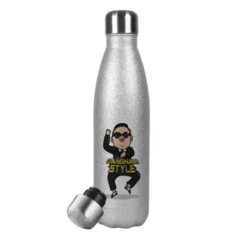 PSY - GANGNAM STYLE, Μεταλλικό παγούρι θερμός Glitter Aσημένιο (Stainless steel), διπλού τοιχώματος, 500ml