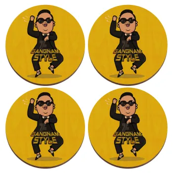 PSY - GANGNAM STYLE, ΣΕΤ x4 Σουβέρ ξύλινα στρογγυλά plywood (9cm)